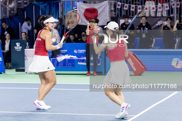 Eri Hozumi , Ai Sugiyama , Shuko Aoyama  celebration during Billie Jean King Cup Finals match Japan vs Romania in Malaga Spain on 14 Novembe...