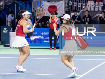 Eri Hozumi , Ai Sugiyama , Shuko Aoyama  celebration during Billie Jean King Cup Finals match Japan vs Romania in Malaga Spain on 14 Novembe...