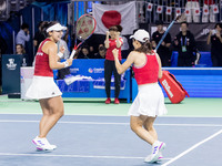 Eri Hozumi , Ai Sugiyama , Shuko Aoyama  celebration during Billie Jean King Cup Finals match Japan vs Romania in Malaga Spain on 14 Novembe...