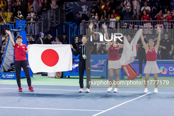 Team Japan celebration during Billie Jean King Cup Finals match Japan vs Romania in Malaga Spain on 14 November 2024. 