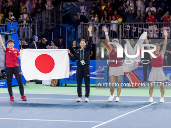 Team Japan celebration during Billie Jean King Cup Finals match Japan vs Romania in Malaga Spain on 14 November 2024. (