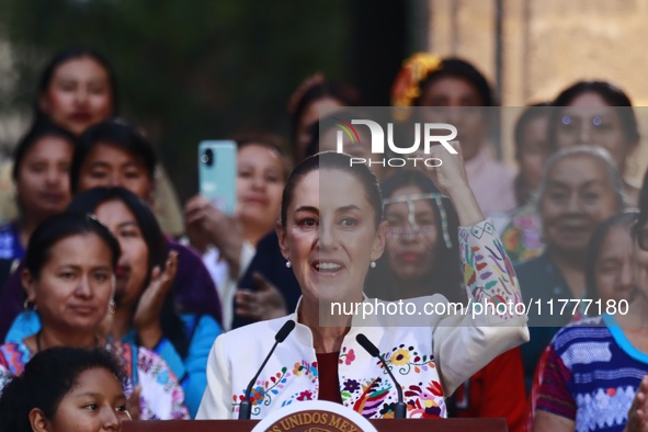 Mexico's President, Claudia Sheinbaum Pardo, speaks during the Original Textile Art Meeting, accompanied by indigenous craftswomen from diff...