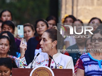 Mexico's President, Claudia Sheinbaum Pardo, speaks during the Original Textile Art Meeting, accompanied by indigenous craftswomen from diff...