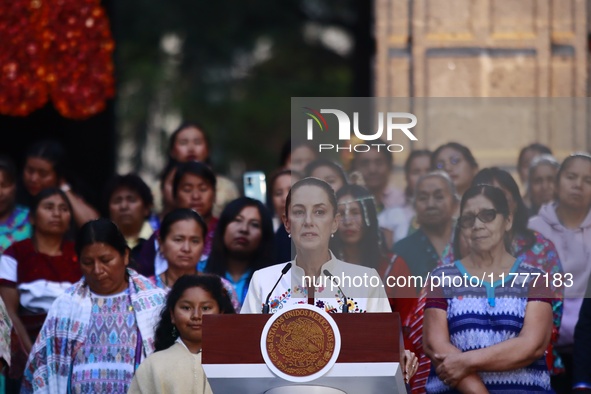 Mexico's President, Claudia Sheinbaum Pardo, speaks during the Original Textile Art Meeting, accompanied by indigenous craftswomen from diff...