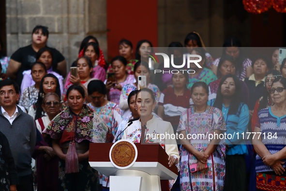 Mexico's President, Claudia Sheinbaum Pardo, speaks during the Original Textile Art Meeting, accompanied by indigenous craftswomen from diff...