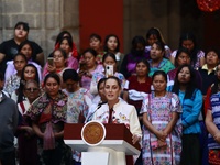 Mexico's President, Claudia Sheinbaum Pardo, speaks during the Original Textile Art Meeting, accompanied by indigenous craftswomen from diff...