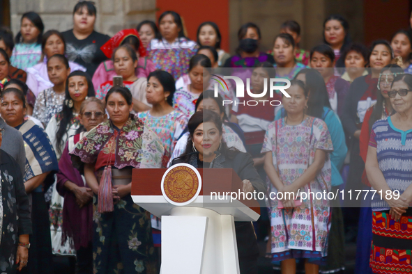 Mexico City Chief of Government Clara Brugada speaks during the Original Textile Art Meeting, accompanied by indigenous craftswomen from dif...