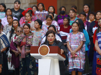 Mexico City Chief of Government Clara Brugada speaks during the Original Textile Art Meeting, accompanied by indigenous craftswomen from dif...