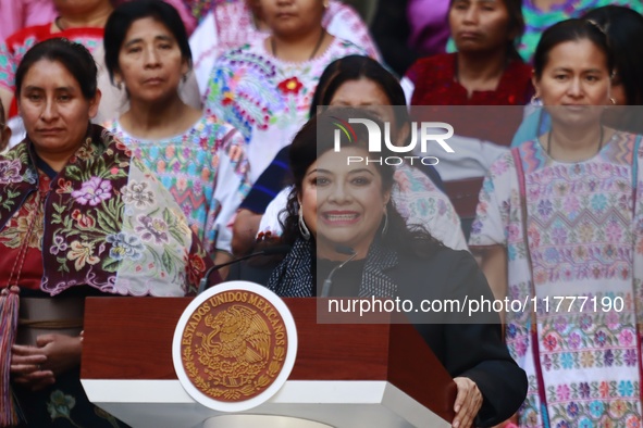 Mexico City Chief of Government Clara Brugada speaks during the Original Textile Art Meeting, accompanied by indigenous craftswomen from dif...