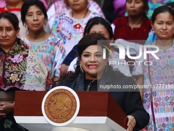 Mexico City Chief of Government Clara Brugada speaks during the Original Textile Art Meeting, accompanied by indigenous craftswomen from dif...