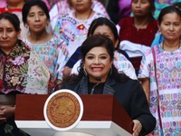 Mexico City Chief of Government Clara Brugada speaks during the Original Textile Art Meeting, accompanied by indigenous craftswomen from dif...