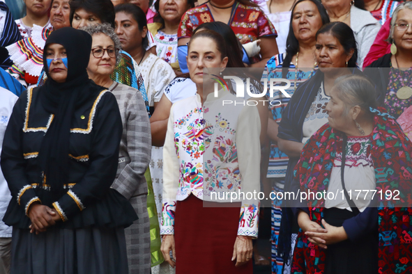 Mexico's President, Claudia Sheinbaum Pardo, participates in the Original Textile Art Meeting, accompanied by indigenous craftswomen from di...