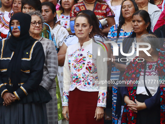 Mexico's President, Claudia Sheinbaum Pardo, participates in the Original Textile Art Meeting, accompanied by indigenous craftswomen from di...