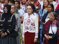 Mexico's President, Claudia Sheinbaum Pardo, participates in the Original Textile Art Meeting, accompanied by indigenous craftswomen from di...