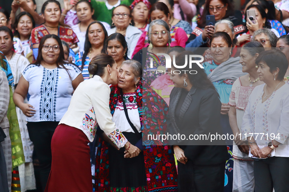 Mexico's President Claudia Sheinbaum Pardo and Mexico City Chief of Government Clara Brugada participate in the Original Textile Art Meeting...