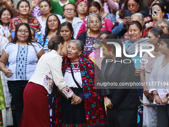 Mexico's President Claudia Sheinbaum Pardo and Mexico City Chief of Government Clara Brugada participate in the Original Textile Art Meeting...