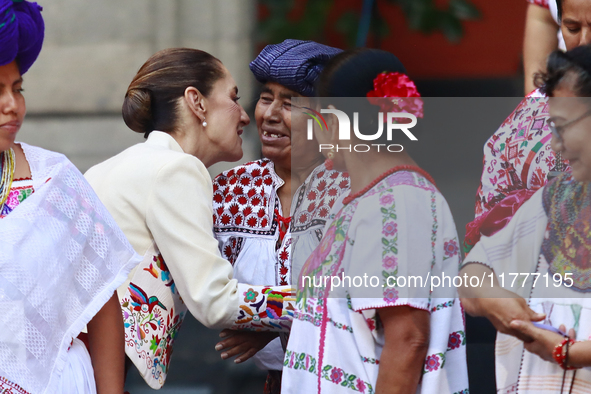 Mexico's President, Claudia Sheinbaum Pardo, participates in the Original Textile Art Meeting, accompanied by indigenous craftswomen from di...