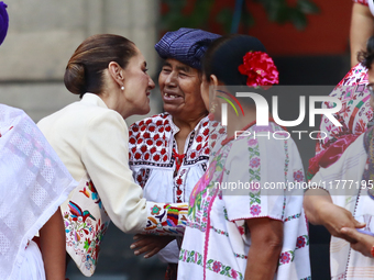 Mexico's President, Claudia Sheinbaum Pardo, participates in the Original Textile Art Meeting, accompanied by indigenous craftswomen from di...