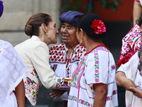 Mexico's President, Claudia Sheinbaum Pardo, participates in the Original Textile Art Meeting, accompanied by indigenous craftswomen from di...