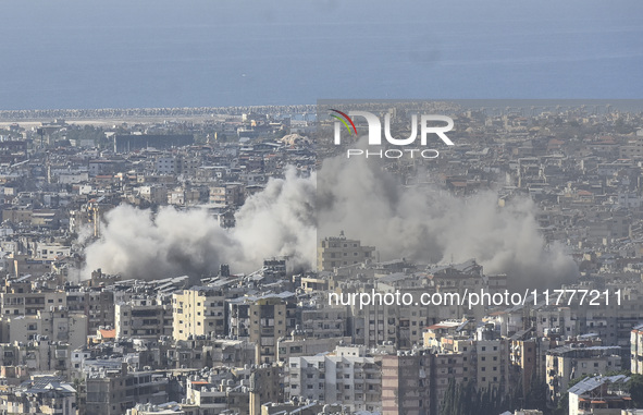 Smoke rises from a residential area after a series of Israeli airstrikes on the Dahieh region in southern Beirut, Lebanon, on November 14, 2...