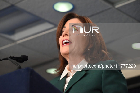 Governor of New York Kathy Hochul unveils the path to unpausing congestion pricing in New York City at a press conference in Manhattan, New...