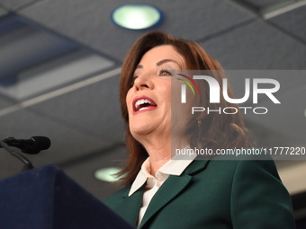 Governor of New York Kathy Hochul unveils the path to unpausing congestion pricing in New York City at a press conference in Manhattan, New...