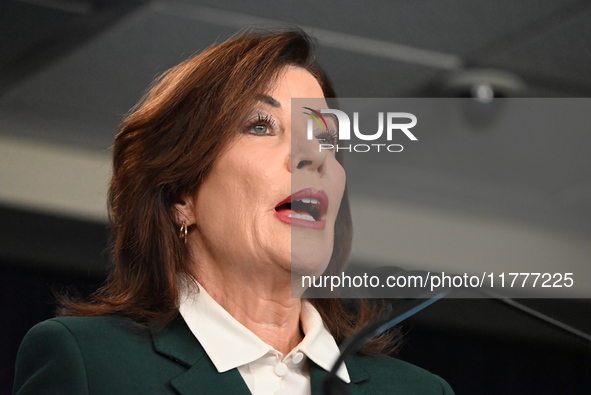 Governor of New York Kathy Hochul unveils the path to unpausing congestion pricing in New York City at a press conference in Manhattan, New...