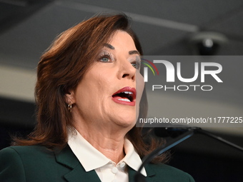 Governor of New York Kathy Hochul unveils the path to unpausing congestion pricing in New York City at a press conference in Manhattan, New...