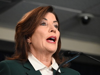 Governor of New York Kathy Hochul unveils the path to unpausing congestion pricing in New York City at a press conference in Manhattan, New...