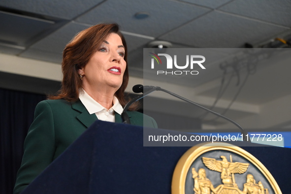 Governor of New York Kathy Hochul unveils the path to unpausing congestion pricing in New York City at a press conference in Manhattan, New...