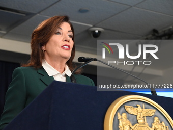 Governor of New York Kathy Hochul unveils the path to unpausing congestion pricing in New York City at a press conference in Manhattan, New...