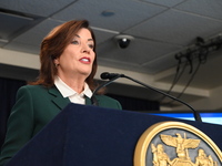 Governor of New York Kathy Hochul unveils the path to unpausing congestion pricing in New York City at a press conference in Manhattan, New...