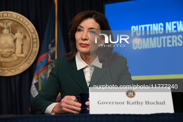 Governor of New York Kathy Hochul unveils the path to unpausing congestion pricing in New York City at a press conference in Manhattan, New...