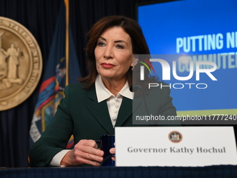 Governor of New York Kathy Hochul unveils the path to unpausing congestion pricing in New York City at a press conference in Manhattan, New...