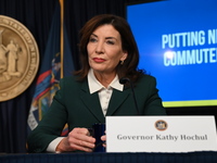 Governor of New York Kathy Hochul unveils the path to unpausing congestion pricing in New York City at a press conference in Manhattan, New...