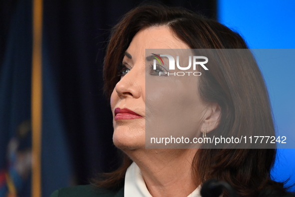 Governor of New York Kathy Hochul unveils the path to unpausing congestion pricing in New York City at a press conference in Manhattan, New...