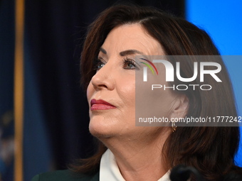 Governor of New York Kathy Hochul unveils the path to unpausing congestion pricing in New York City at a press conference in Manhattan, New...