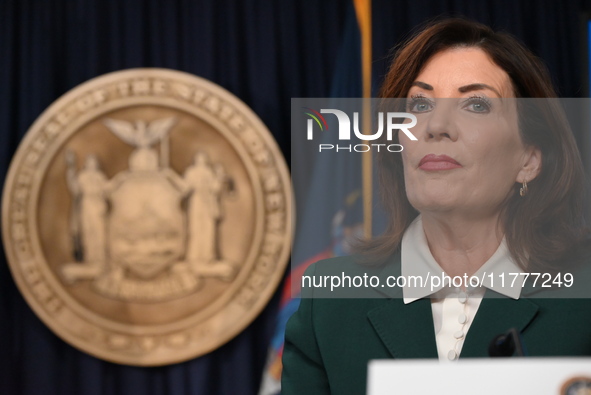 Governor of New York Kathy Hochul unveils the path to unpausing congestion pricing in New York City at a press conference in Manhattan, New...