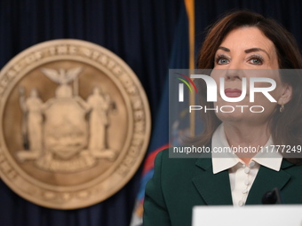 Governor of New York Kathy Hochul unveils the path to unpausing congestion pricing in New York City at a press conference in Manhattan, New...