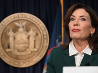 Governor of New York Kathy Hochul unveils the path to unpausing congestion pricing in New York City at a press conference in Manhattan, New...