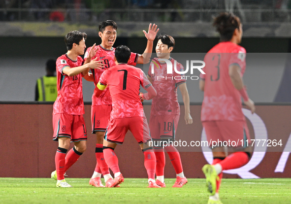 Oh Sehun, number 19 of Korea Republic, celebrates with teammates after scoring a goal during the AFC Asian Qualifiers Road to 26 match betwe...