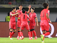 Oh Sehun, number 19 of Korea Republic, celebrates with teammates after scoring a goal during the AFC Asian Qualifiers Road to 26 match betwe...