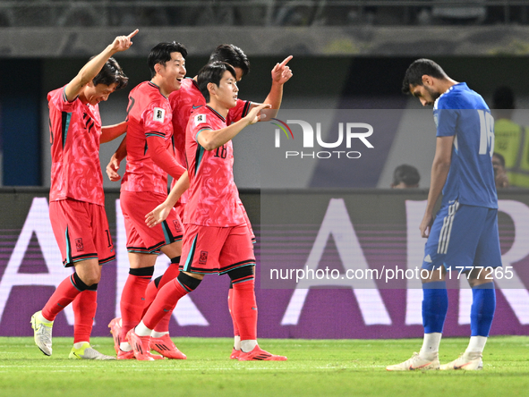 Players of Korea Republic celebrate after scoring a goal during the AFC Asian Qualifiers Road to 26 match between Kuwait and Korea Republic...