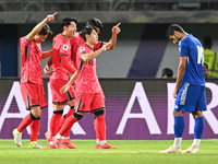 Players of Korea Republic celebrate after scoring a goal during the AFC Asian Qualifiers Road to 26 match between Kuwait and Korea Republic...