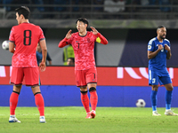 Son Heung Min (C) of Korea Republic is in action during the AFC Asian Qualifiers Road to 26 match between Kuwait and Korea Republic in Kuwai...