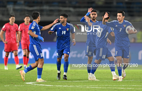 Players of Kuwait celebrate after scoring a goal during the AFC Asian Qualifiers Road to 26 match between Kuwait and Korea Republic in Kuwai...