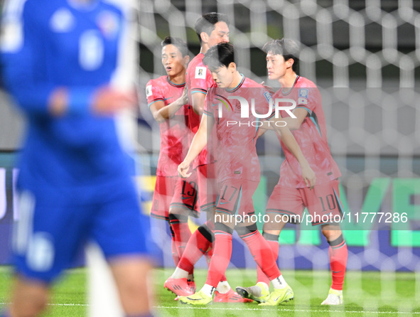 A player from Korea Republic celebrates after scoring a goal during the AFC Asian Qualifiers Road to 26 match between Kuwait and Korea Repub...