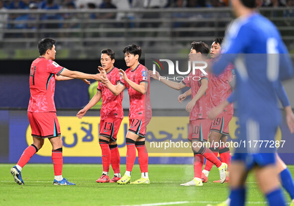 A player from Korea Republic celebrates after scoring a goal during the AFC Asian Qualifiers Road to 26 match between Kuwait and Korea Repub...