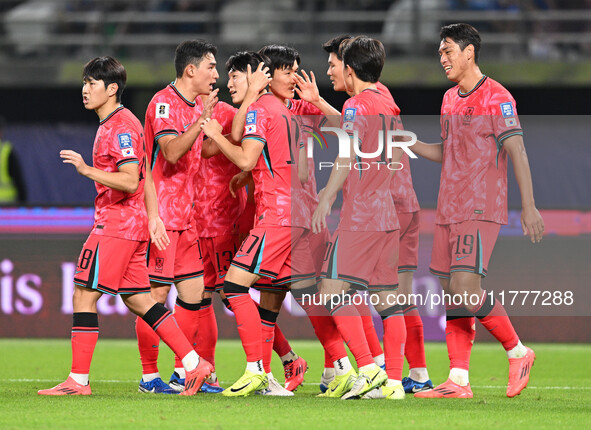 A player from Korea Republic celebrates after scoring a goal during the AFC Asian Qualifiers Road to 26 match between Kuwait and Korea Repub...