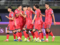 A player from Korea Republic celebrates after scoring a goal during the AFC Asian Qualifiers Road to 26 match between Kuwait and Korea Repub...